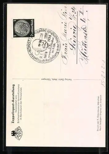 AK Konstanz, Graf Zeppelin, Zeppelinpost-Ausstellung anlässlich des 100. Geburtstag des Grafen Zeppelin, Juli 1938