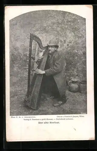 AK Der alte Harfner, Mann spielt Harfe
