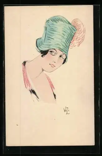 Künstler-AK W. Zabczinsky: Dame mit türkisem Hut
