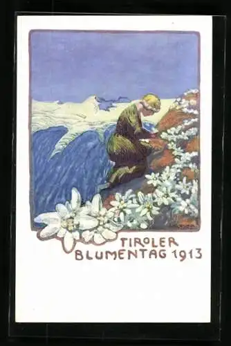Künstler-AK Tiroler Blumentag im Mai 1913, Mädchen pflückt Edelweiss im Gebirge