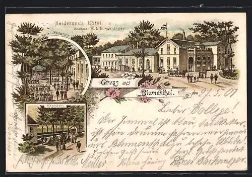 Lithographie Blumenthal / Bremen, Heidmann`s Hotel, Garten-Restaurant, Kegelbahn