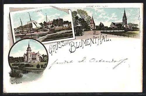 Lithographie Blumenthal / Bremen, Kirche und alter Turm, Anleger, Burgwall