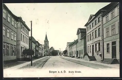 AK Bergen / Dumme, Breite Strasse mit Geschäft und Kirche