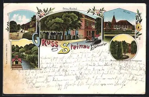 Lithographie Steinau / Hannover, Peters Gasthof, Kirche und Ortspartie