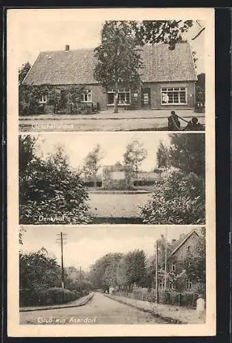 AK Asendorf / Nordheide, Geschäftshaus, Denkmal, Strassenpartie