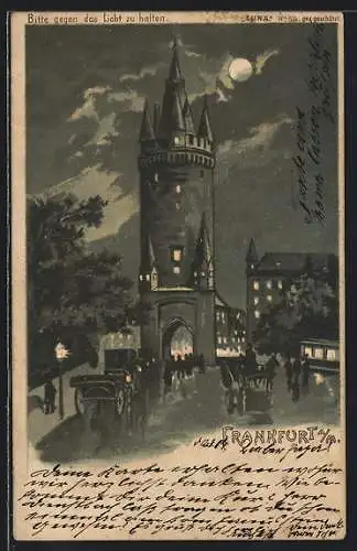 Lithographie Frankfurt / Main, Eschenheimer Turm bei Nacht, Halt gegen das Licht