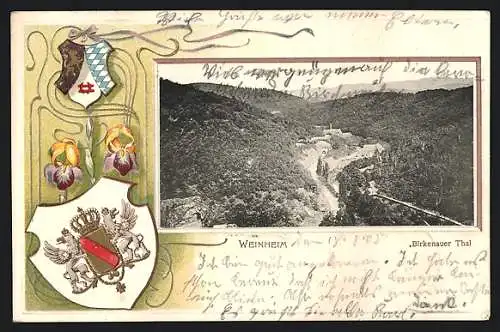 Passepartout-Lithographie Weinheim / Bergstrasse, Birkenauer Thal aus der Vogelschau, Wappen