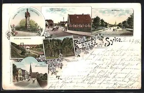 Lithographie Syke, Langestrasse, im Brill & Denkmal des Hauptmann v. Baden