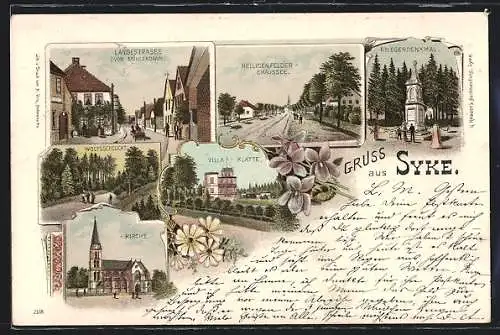 Lithographie Syke, Langestrasse, Kriegerdenkmal, Kirche, Villa Klatte