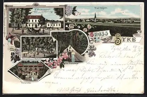 Lithographie Syke, F. Glockemann`s Hotel zum Schützenhaus, Totalansicht, Im Friedeholze