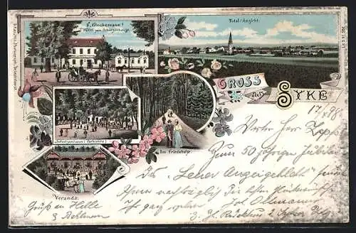 Lithographie Syke, F. Glockemann`s Hotel zum Schützenhaus, Totalansicht, Im Friedeholze