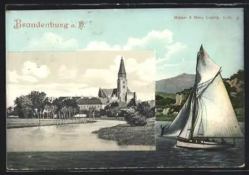 AK Brandenburg a. H., Blick von der Havel zur Kirche, Passepartout mit Segelboot