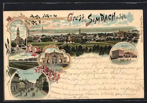 Lithographie Simbach a. Inn, Pfarr-Kirche, Bahnhof, Hauptstrasse