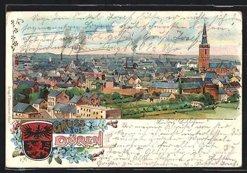 Lithographie Düren, Blick über die Dächer der Ortschaft, Wappen