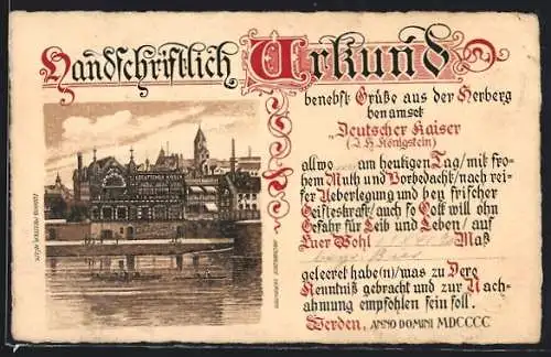 Lithographie Werden, Hotel Deutscher Kaiser, Urkunde