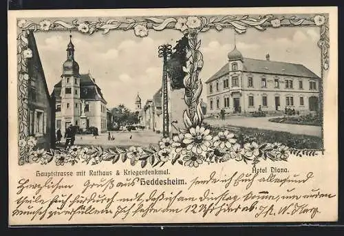 AK Heddesheim / Baden, Hotel Diana, Hauptstrasse mit Rathaus & Kriegerdenkmal