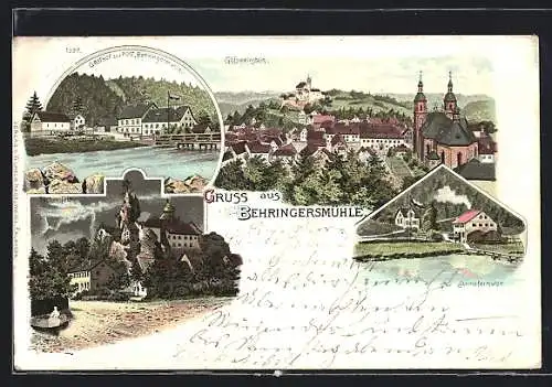 Lithographie Behringersmühle, Gasthaus zur Post, Stempfermühle