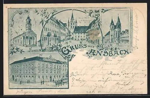 Lithographie Ansbach, Hotel Zirkel, Ludwigskirche, Oberer Markt