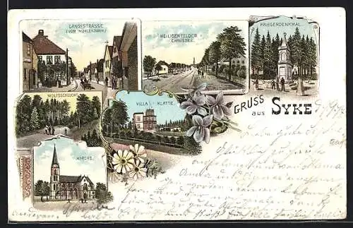 Lithographie Syke, Langestrasse, Kirche, Villa Klatte, Kriegerdenkmal