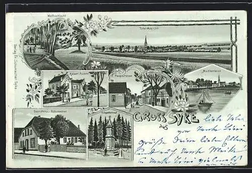 Lithographie Syke, Totalansicht, Geschäftshaus Schumacher, Mühlenteich, Hauptstrasse