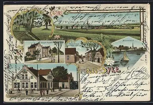 Lithographie Syke, Haupstrasse mit Restaurant v. H. Wessel, Kleinbahnstation Friedehof, Mühlenteich