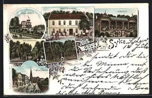 Lithographie Syke, Hotel z. Schützenhaus, Wolfsschlucht, Villa Klatte
