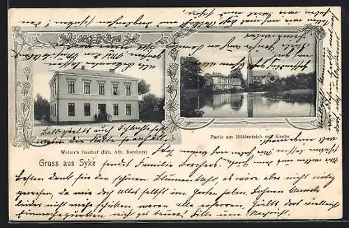 AK Syke, Wolters Gasthof, Partie am Mühlenteich mit Kirche