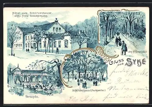 Lithographie Syke, Hotel zum Schützenhause, Veranda