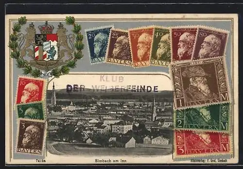 AK Simbach am Inn, Ortsansicht mit Kirchen, Briefmarken und Wappen