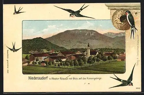 Lithographie Niederaudorf, Ortsansicht, Kloster Reisach, Schwalben am Nest