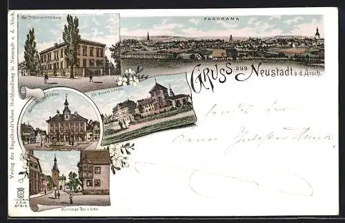 Lithographie Neustadt a. d. Aisch, Kgl. Präparandenschule, Nürnberger Tor u. Erker, Marktplatz m. Rathaus