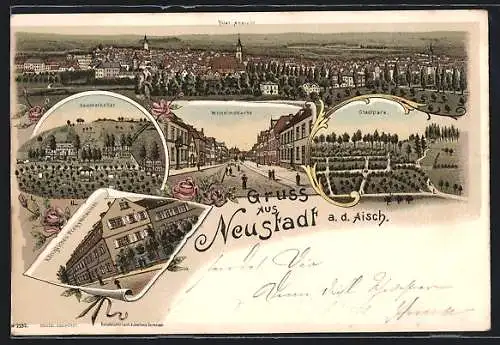 Lithographie Neustadt / Aisch, Königliches Progymnasium, Wilhelmstrasse, Sommerkeller