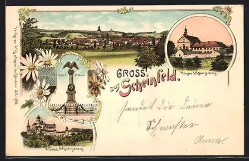 Lithographie Scheinfeld, Kloster Schwarzenberg, Schloss Schwarzenberg, Kriegerdenkmal