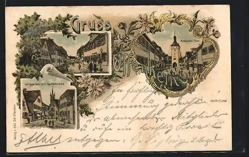 Lithographie Uffenheim, Strassenpartie mit Ansbacher Tor, Langgasse mit Spitalkirche