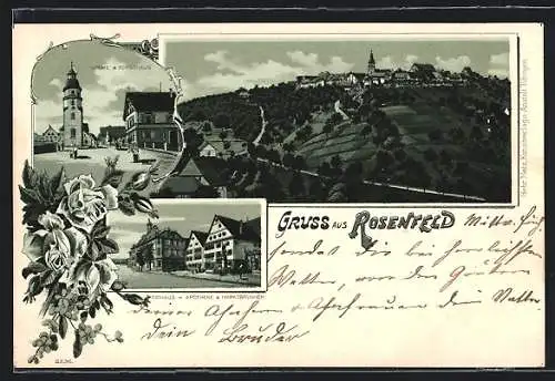 Lithographie Rosenfeld / Württ., Kirche & Forsthaus, Rathaus mit Apotheke
