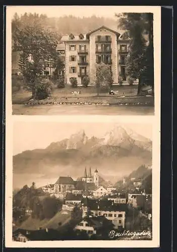 AK Berchtesgaden, Der Gasthof Schwabenwirt, Ortsansicht gegen die Berge