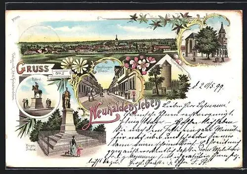 Lithographie Neuhaldensleben, Gesamtansicht, St. Martinskirche, Magdeburger Strasse, Roland und Kriegerdenkmal