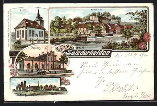 Lithographie Salzderhelden, Bahnhof, Saline, Kirche, Heldenburg