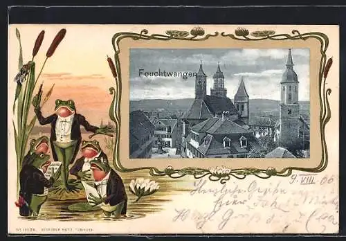 Passepartout-Lithographie Feuchtwangen, Ortspartie mit der Kirche, singende Frösche im Passepartout