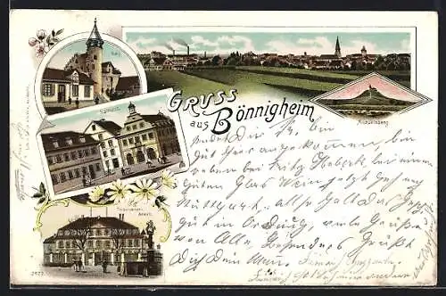 Lithographie Bönnigheim, Taubstummen-Anstalt, Michaelsberg, Rathaus, Burg