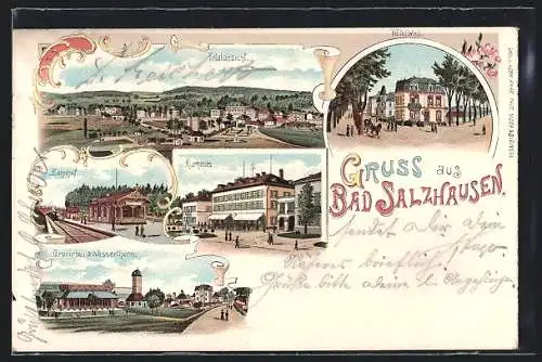 Lithographie Bad Salzhausen, Hotel Weil, Kurhaus, Bahnhof, Gradirbau & Wasserthurm, Gesamtansicht