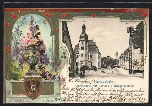 Passepartout-Lithographie Heddesheim / Baden, Hauptstrasse mit Rathaus und Kriegerdenkmal, Wappen