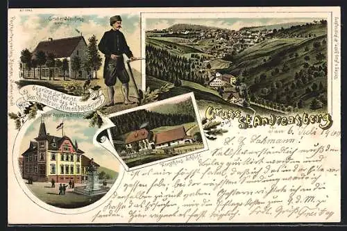 Passepartout-Lithographie St. Andreasberg, Forsthaus Schluft, Grube Neufang, Kaiserliches Postamt mit Denkmal