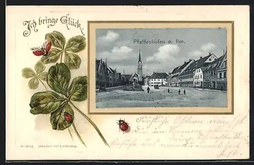 Passepartout-Lithographie Pfaffenhofen / Ilm, Blick über den Ortsplatz, Passepartout mit Glücksklee und Marienkäfern