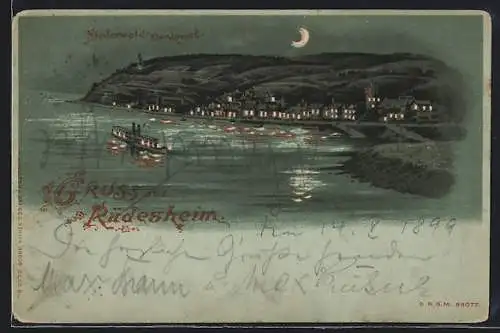 Mondschein-Lithographie Rüdesheim / Rhein, Ortsansicht an der Küste, Halt gegen das Licht