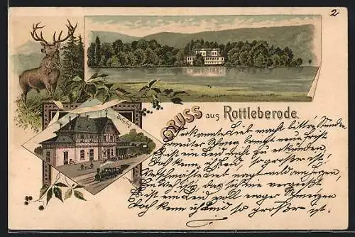 Lithographie Rottleberode, Bahnhof und Gasthaus