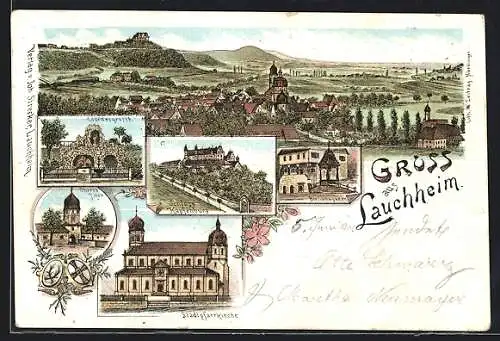 Lithographie Lauchheim, Schloss Kapfenburg, Lourdesgrotte, Stadtpfarrkirche