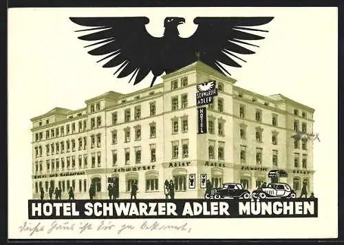 Künstler-AK München, Hotel Schwarzer Adler, Schillerstrasse 32 Ecke Landwehrstrasse