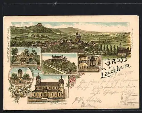 Lithographie Lauchheim, Stadtpfarrkirche, Lourdesgrotte, Schloss Kapfenburg