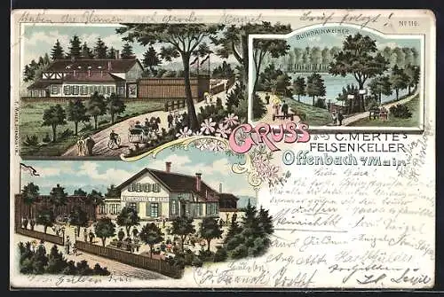 Lithographie Offenbach a. Main, Das Gasthaus Felsenkeller v. C. Merte, mit Gartenwirtschaft, der Buchrainweiher
